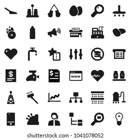 Flat vector icon set - vacuum cleaner vector, scoop, spices, egg, potato, exam, graph, annual report, heart pulse, boxing glove, water bottle, no fastfood, support, cargo search, music hit, antenna