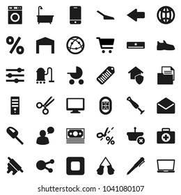 Flat vector icon set - vacuum cleaner vector, scoop, bath, washer, rolling pin, pen, cart, snickers, boxing glove, first aid kit, stadium, money, document, barcode, internet, mobile phone, monitor