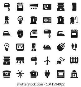 Flat vector icon set - vacuum cleaner vector, iron, kettle, mixer, oven, double boiler, table lamp, tv, rca, windmill, ari condition, fridge, power plug, multi cooker, blender, epilator, heater