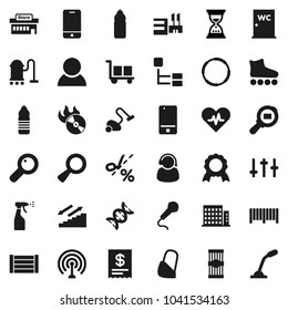 Flat vector icon set - vacuum cleaner vector, sprayer, water closet, pasta, medal, sand clock, roller Skates, bottle, stairways run, hoop, wood box, cargo, search, music hit, antenna, settings, dna