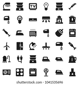 Flat vector icon set - vacuum cleaner vector, iron, kettle, mixer, oven, double boiler, blender, table lamp, tv, rca, windmill, air conditioner, ari condition, fridge, fan, heater, bulb, fireplace
