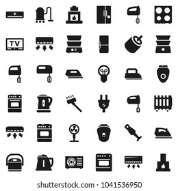 Flat vector icon set - vacuum cleaner vector, iron, kettle, mixer, oven, double boiler, blender, tv, rca, air conditioner, ari condition, fridge, power plug, multi cooker, epilator, fan, heater