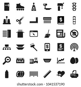 Flat vector icon set - vacuum cleaner vector, scoop, colander, spices, plates, egg, pasta, corner ruler, graph, annual report, hierarchy, roller Skates, water bottle, no fastfood, traffic light, hub