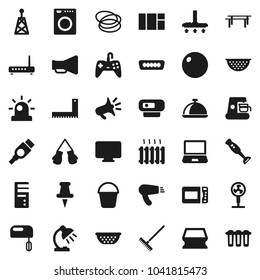 Flat vector icon set - vacuum cleaner vector, rake, bucket, sponge, colander, blender, dish, corner ruler, table lamp, horizontal bar, fitball, boxing glove, hoop, antenna, loudspeaker, thumbtack