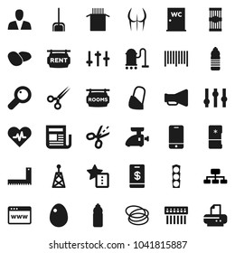 Flat vector icon set - vacuum cleaner vector, scoop, water closet, egg, pasta, potato, corner ruler, hierarchy, buttocks, bottle, hoop, traffic light, antenna, newspaper, loudspeaker, settings, hub