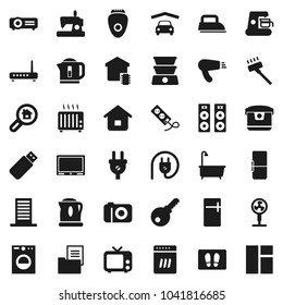 Flat vector icon set - vacuum cleaner vector, welcome mat, bath, tv, garage, estate document, search, fridge, smart home, building, password, power plug, iron, washer, dishwasher, coffee maker, fan