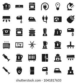 Flat vector icon set - vacuum cleaner vector, iron, kettle, mixer, oven, blender, table lamp, tv, rca, windmill, air conditioner, ari condition, fridge, power plug, multi cooker, epilator, heater