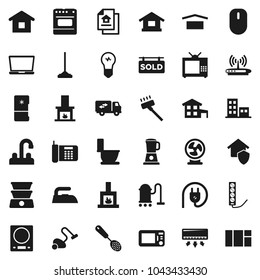 Flat vector icon set - vacuum cleaner vector, mop, iron, toilet, water tap, skimmer, dry cargo, cottage, estate document, sold signboard, apartments, relocation truck, fireplace, tv, home protect