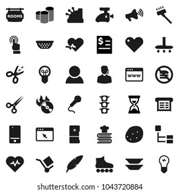 Flat vector icon set - vacuum cleaner vector, colander, cookbook, plates, potato, pen, coin stack, annual report, sand clock, heart pulse, roller Skates, no fastfood, traffic light, cargo, music hit