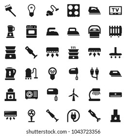 Flat vector icon set - vacuum cleaner vector, iron, kettle, mixer, oven, double boiler, blender, table lamp, tv, rca, windmill, air conditioner, ari condition, power plug, multi cooker, fan, heater