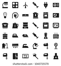 Flat vector icon set - vacuum cleaner vector, iron, kettle, mixer, oven, double boiler, blender, table lamp, tv, windmill, air conditioner, ari condition, fridge, power plug, multi cooker, fan, bulb