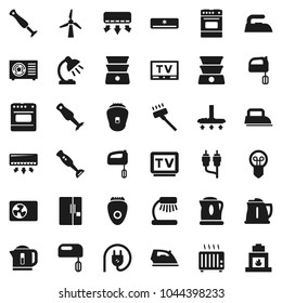 Flat vector icon set - vacuum cleaner vector, iron, kettle, mixer, oven, double boiler, blender, table lamp, tv, rca, windmill, air conditioner, ari condition, fridge, power plug, epilator, heater