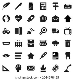 Flat vector icon set - vacuum cleaner vector, trash bin, pen, corner ruler, abacus, world, archive, arrow up, personal information, heart pulse, pills vial, delivery, flammable, tv, gamepad, mail
