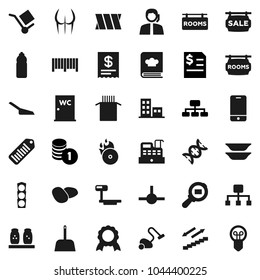 Flat vector icon set - vacuum cleaner vector, scoop, water closet, cookbook, spices, plates, pasta, potato, medal, coin stack, annual report, hierarchy, buttocks, bottle, stairways run, support, dna