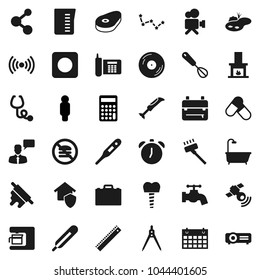 Flat vector icon set - vacuum cleaner vector, water tap, measuring cup, whisk, rolling pin, steak, ruler, drawing compass, case, backpack, alarm clock, constellation, calculator, man, pills, phone