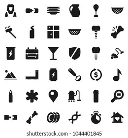 Flat vector icon set - vacuum cleaner vector, cleaning agent, plates, shining window, woman, colander, cook timer, ladle, jug, corner ruler, backpack, music, exchange, punching bag, enegry drink