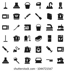 Flat vector icon set - vacuum cleaner vector, fetlock, mop, bucket, sponge, car, washing powder, water tap, kettle, spatula, microwave oven, blender, fridge, washer, dishwasher, mixer, coffee maker