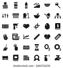 Flat vector icon set - vacuum cleaner vector, scoop, sprayer, colander, cookbook, egg, pasta, ruler, medal, graph, annual report, sand clock, boxing glove, water bottle, stairways run, oxygen, cargo