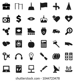 Flat vector icon set - vacuum cleaner vector, scoop, cook glove, towel, spatula, cookbook, plates, potato, cake, calculator, notebook pc, molecule, flag, case, money search, dollar sign, diet, route