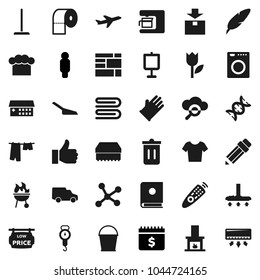 Flat vector icon set - vacuum cleaner vector, mop, scoop, bucket, sponge, towel, trash bin, drying clothes, rubber glove, toilet paper, scales, cook hat, bbq, pen, pencil, presentation, man, t shirt