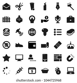 Flat vector icon set - vacuum cleaner vector, sponge, trash bin, foam basin, cleaning agent, mushroom, cake, pen, case, magnet, wallet, investment, dollar calendar, snickers, fitness mat, package