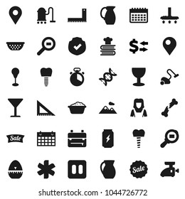 Flat vector icon set - vacuum cleaner vector, foam basin, woman, colander, cook timer, cookbook, jug, corner ruler, backpack, exchange, punching bag, enegry drink, calendar, glass, protected, dna