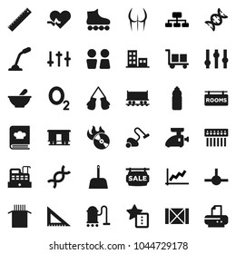 Flat vector icon set - vacuum cleaner vector, scoop, water closet, cookbook, pasta, corner ruler, graph, hierarchy, buttocks, boxing glove, roller Skates, bottle, oxygen, Railway carriage, wood box