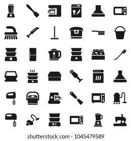 Flat vector icon set - vacuum cleaner vector, fetlock, mop, bucket, sponge, car, spatula, microwave oven, double boiler, blender, fridge, dishwasher, mixer, coffee maker, hood, multi cooker, kettle