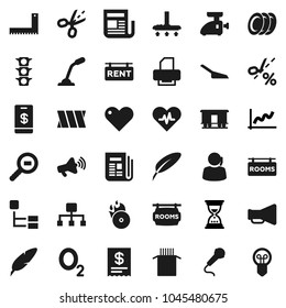 Flat vector icon set - vacuum cleaner vector, scoop, plates, pasta, pen, corner ruler, graph, sand clock, oxygen, traffic light, support, cargo search, Railway carriage, music hit, newspaper, heart