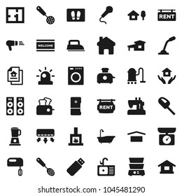 Flat vector icon set - vacuum cleaner vector, welcome mat, bath, house hold, sink, skimmer, double boiler, dry cargo, home, cottage, chalet, plan, estate document, rent signboard, fireplace, iron