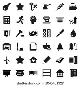 Flat vector icon set - vacuum cleaner vector, water drop, toilet brush, plates, kettle, turk coffee, pencil, pen, bell, university, gold ingot, cash, percent growth, presentation board, dollar flag