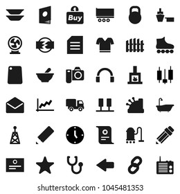 Flat vector icon set - vacuum cleaner vector, bath, cutting board, plates, pencil, certificate, document, graph, japanese candle, clock, t shirt, roller Skates, truck trailer, port, weight, antenna