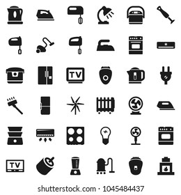 Flat vector icon set - vacuum cleaner vector, iron, mixer, oven, double boiler, table lamp, tv, rca, windmill, air conditioner, fridge, power plug, multi cooker, blender, epilator, fan, kettle, bulb