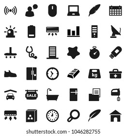 Flat vector icon set - vacuum cleaner vector, splotch, mixer, cereal, pen, notebook pc, graph, gold ingot, clock, stopwatch, snickers, calendar, weight, speaking man, battery, doctor bag, usb modem