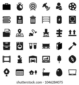 Flat Vector Icon Set - Vacuum Cleaner Vector, Towel, Trash Bin, Bath, Cook Timer, Meat Hammer, Cereal, Egg, Compass, Archive, Laptop Graph, Case, Binder, Target, Enegry Drink, Calendar, Signpost