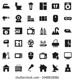 Flat vector icon set - vacuum cleaner vector, welcome mat, iron, toilet, water tap, tv, home, plan, apartments, office building, fridge, smart, mixer, coffee maker, microwave oven, monitor, fan