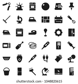 Flat vector icon set - vacuum cleaner vector, rake, bucket, iron, rubber glove, colander, whisk, oven, blender, backpack, table lamp, measuring, hand trainer, punching bag, fitball, hoop, microphone