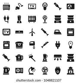 Flat vector icon set - vacuum cleaner vector, kettle, mixer, double boiler, blender, table lamp, tv, rca, windmill, air conditioner, ari condition, power plug, iron, multi cooker, oven, epilator