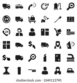 Flat vector icon set - vacuum cleaner vector, fetlock, car, window cleaning, steaming, agent, shining, woman, dollar cursor, phone 24, support, delivery, cargo search, hospital building, amkbulance