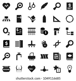 Flat vector icon set - vacuum cleaner vector, cookbook, pen, corner ruler, exam, coin stack, annual report, hierarchy, heart pulse, buttocks, water bottle, hoop, gymnast rings, oxygen, cargo, search