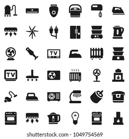 Flat vector icon set - vacuum cleaner vector, iron, kettle, oven, double boiler, blender, table lamp, tv, rca, windmill, air conditioner, ari condition, fridge, mixer, multi cooker, epilator, fan