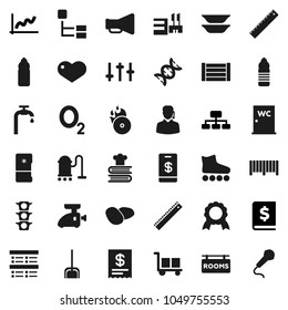 Flat vector icon set - vacuum cleaner vector, scoop, water closet, cookbook, plates, potato, ruler, medal, exam, graph, annual report, hierarchy, roller Skates, bottle, oxygen, traffic light, cargo