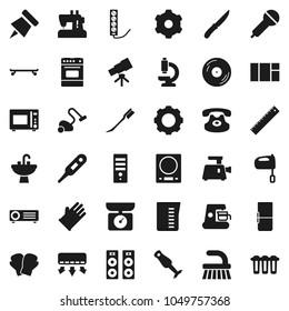 Flat vector icon set - vacuum cleaner vector, fetlock, car, rubber glove, sink, measuring cup, knife, mixer, microwave oven, blender, ruler, telescope, paper pin, boxing, skateboard, disk, gear