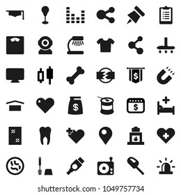 Flat vector icon set - vacuum cleaner vector, window cleaning, toilet brush, graduate hat, table lamp, paper pin, magnet, japanese candle, dollar flag, calendar, scales, clipboard, punching bag