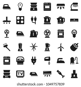 Flat vector icon set - vacuum cleaner vector, iron, kettle, oven, double boiler, blender, table lamp, tv, rca, windmill, air conditioner, power plug, mixer, multi cooker, fan, bulb, fireplace