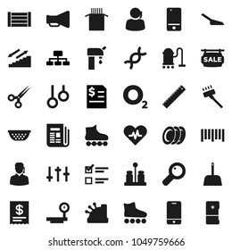 Flat vector icon set - vacuum cleaner vector, scoop, colander, spices, plates, pasta, ruler, exam, annual report, hierarchy, roller Skates, stairways run, gymnast rings, oxygen, support, wood box