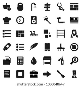 Flat vector icon set - vacuum cleaner vector, water drop, woman, cook hat, spatula, pen, cash, case, money search, weight, no fastfood, signpost, clock, consolidated cargo, document, big scales