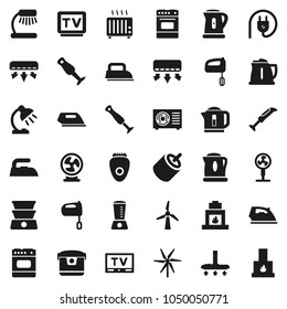Flat vector icon set - vacuum cleaner vector, iron, kettle, mixer, oven, blender, table lamp, tv, rca, windmill, air conditioner, ari condition, power plug, multi cooker, epilator, fan, heater
