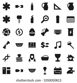 Flat vector icon set - vacuum cleaner vector, window cleaning, foam basin, agent, plates, shining, woman, colander, cook timer, cookbook, jug, corner ruler, backpack, music, exchange, punching bag