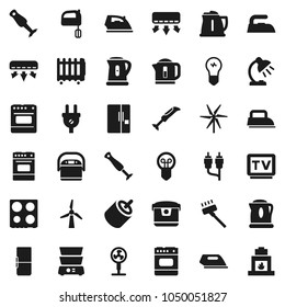 Flat vector icon set - vacuum cleaner vector, iron, kettle, mixer, oven, double boiler, blender, table lamp, tv, rca, windmill, air conditioner, fridge, power plug, multi cooker, fan, heater, bulb